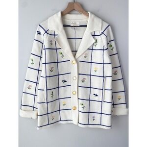 Vintage Lilly of California Wool Cardigan L White Cottage 90s Grandma Embroidery